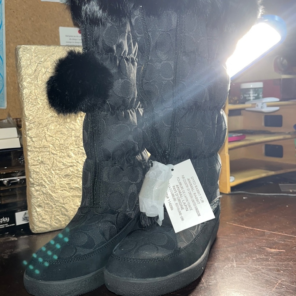 NWT Women’s Coach Theona Signature Jacquard Rabbit Fur Winter Boots